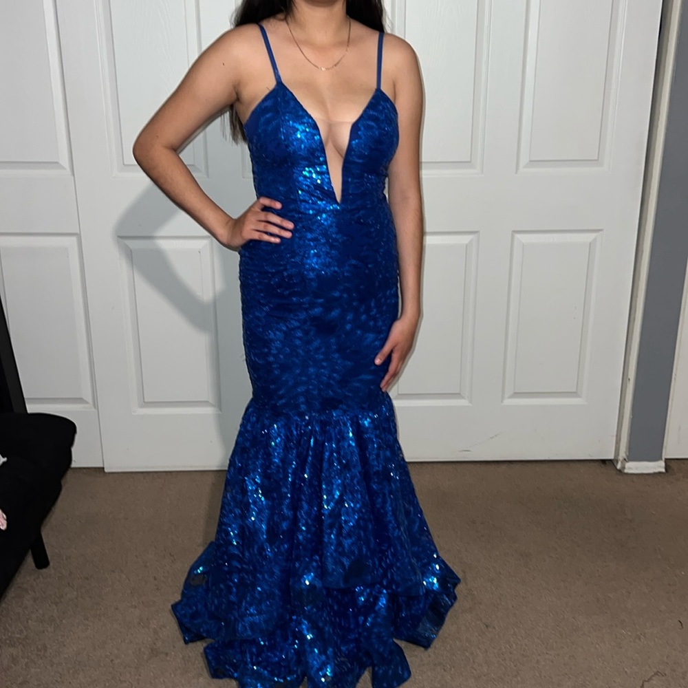 Long royal blue sparkly maxi prom dress